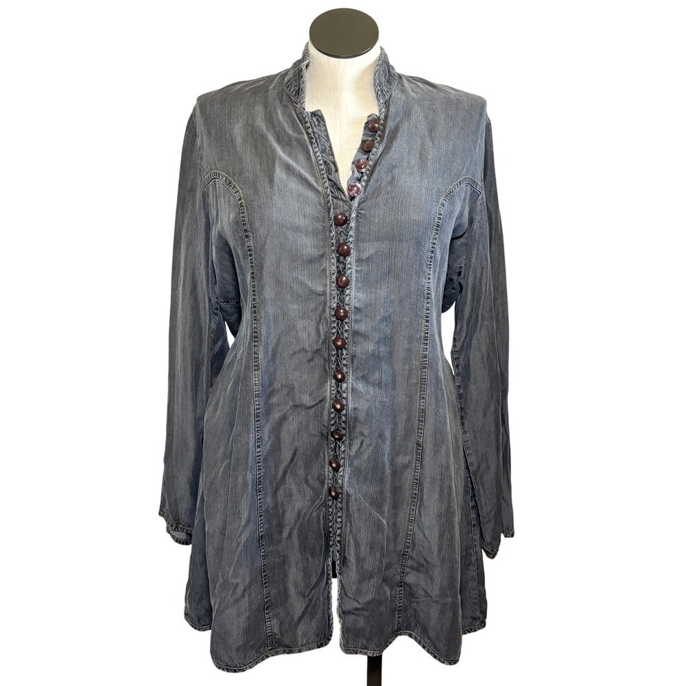 SHUKR Gray Denim Tunic Dress 2XL Mandarin Collar Button Front Modest Lagenlook